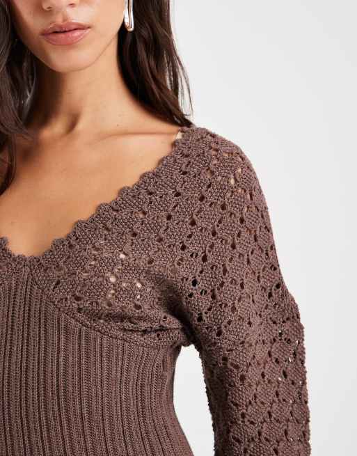 ASOS DESIGN knit plunge cinch long sleeve top in mocha brown, 3 of 4