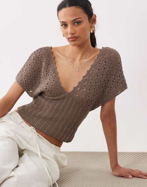 ASOS DESIGN knit plunge cinch top in mocha - view 1