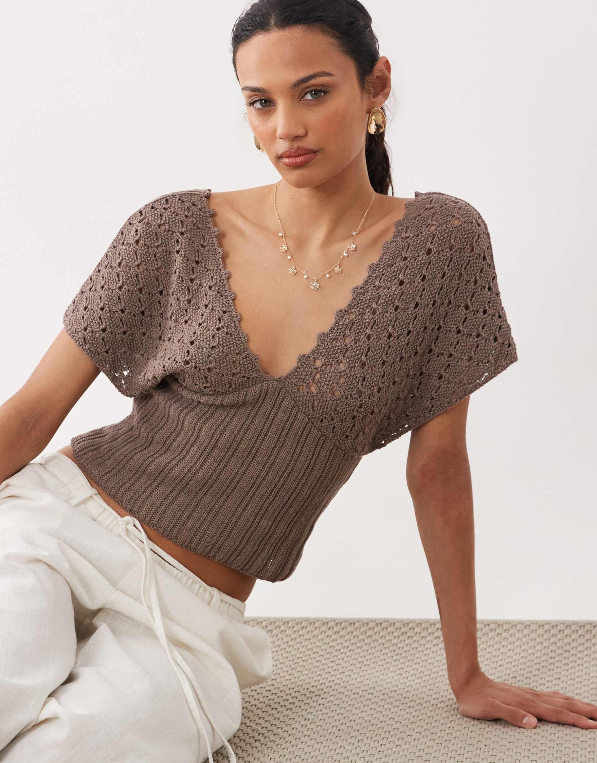 asos design knit plunge cinch top in mocha