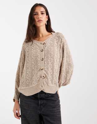 Asos Design Knit Pointelle Button Through Cardigan In Neutral