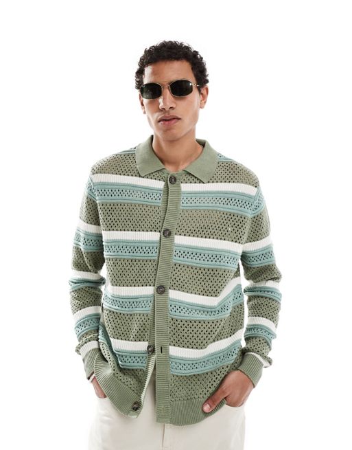 FhyzicsShops DESIGN knit pointelle cardigan in green and white stripe
