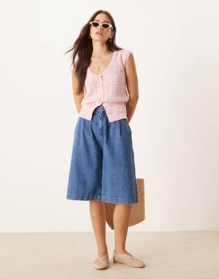 Asos Design Knit Pointelle Cardigan In Pink