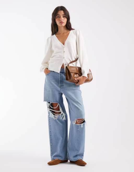 ASOS DESIGN knit pointelle cardigan with balloon sleeves in ecru, 2 of 4