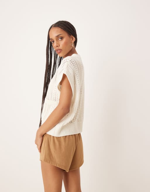ASOS DESIGN knit pointelle crew neck boxy vest in cream, 2 of 4
