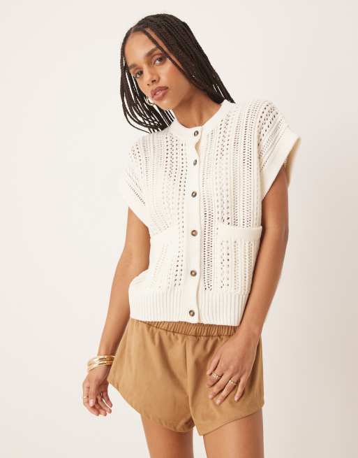 ASOS DESIGN knit pointelle crew neck boxy vest in cream, 4 of 4