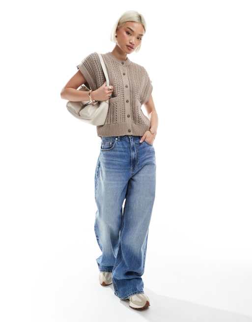 ASOS DESIGN knit pointelle crew neck boxy vest in taupe, 3 of 4