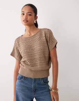 Asos Design Knit Pointelle Detailed Short Sleeve Sweater In Brown