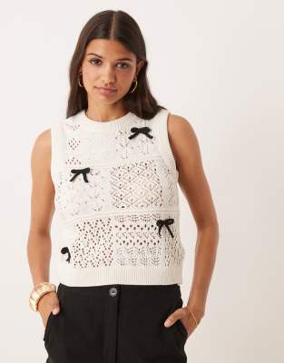 Asos Design Knit Pointelle Patchwork Tank Top With Contrast Bows In White