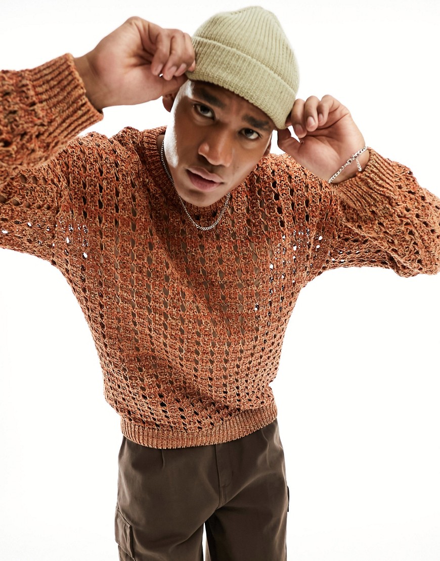 Asos Design Knit Pointelle Sweater In Burnt Orange