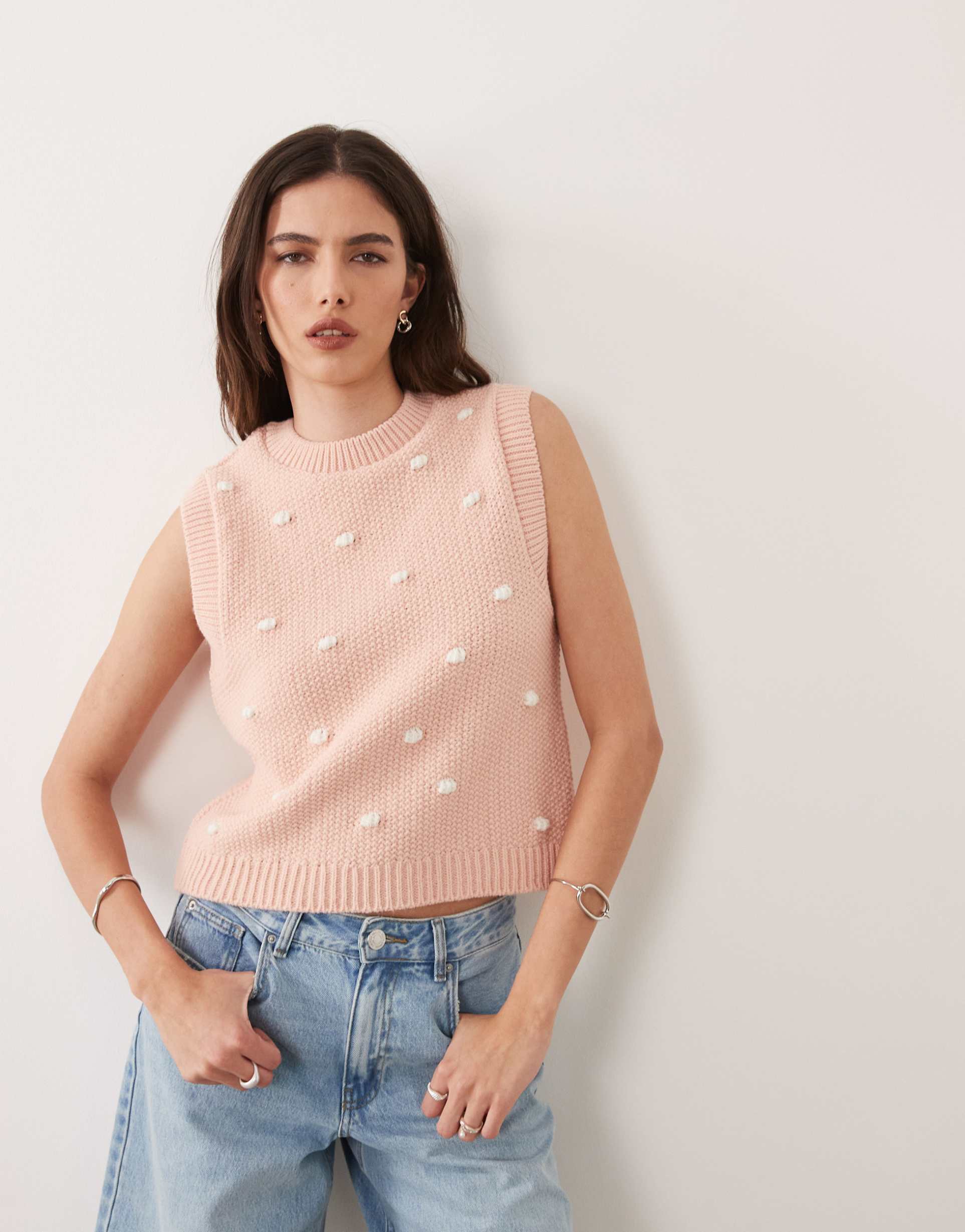 asos design knit polka dot tank top in pink spot