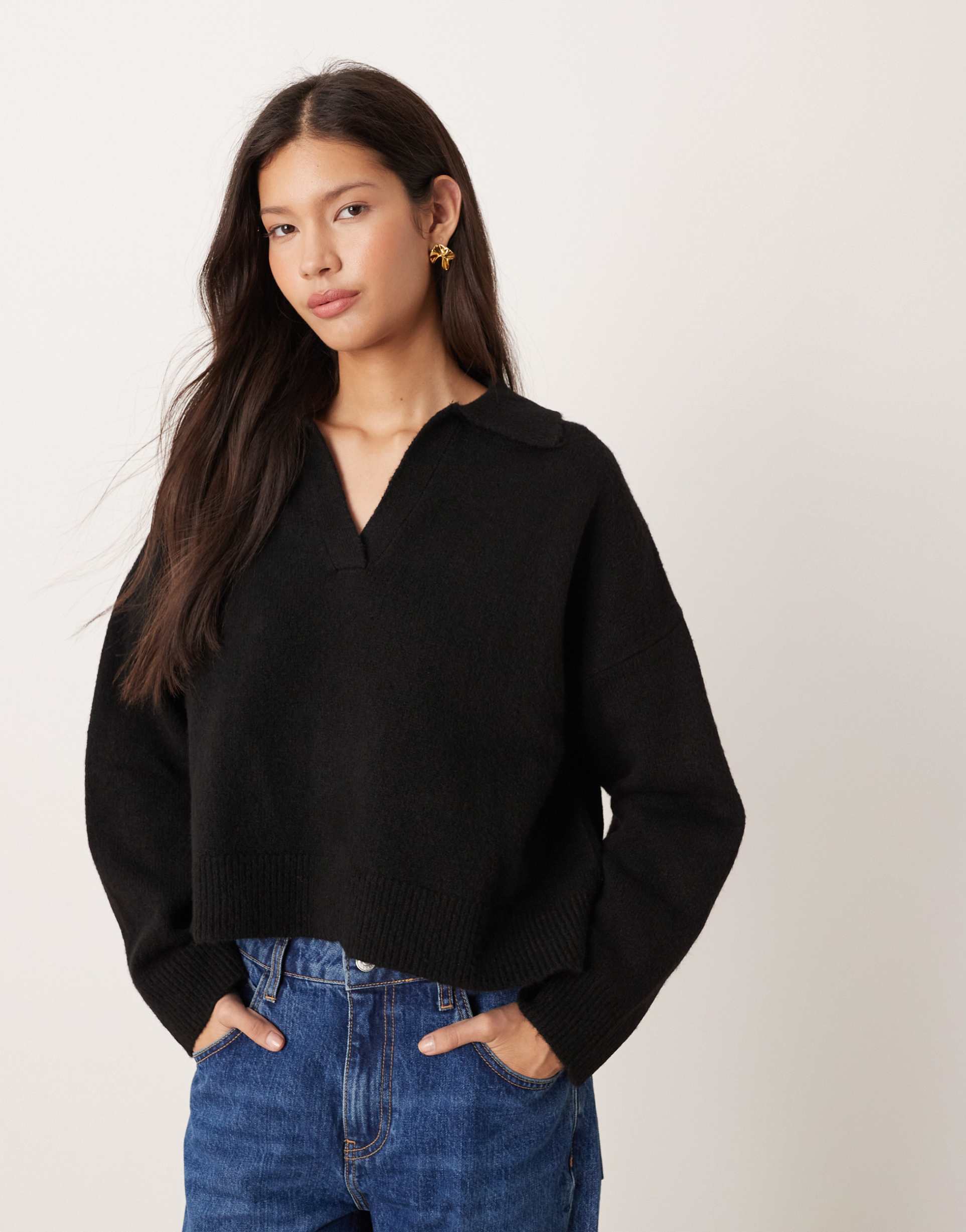 asos design knit polo top in black