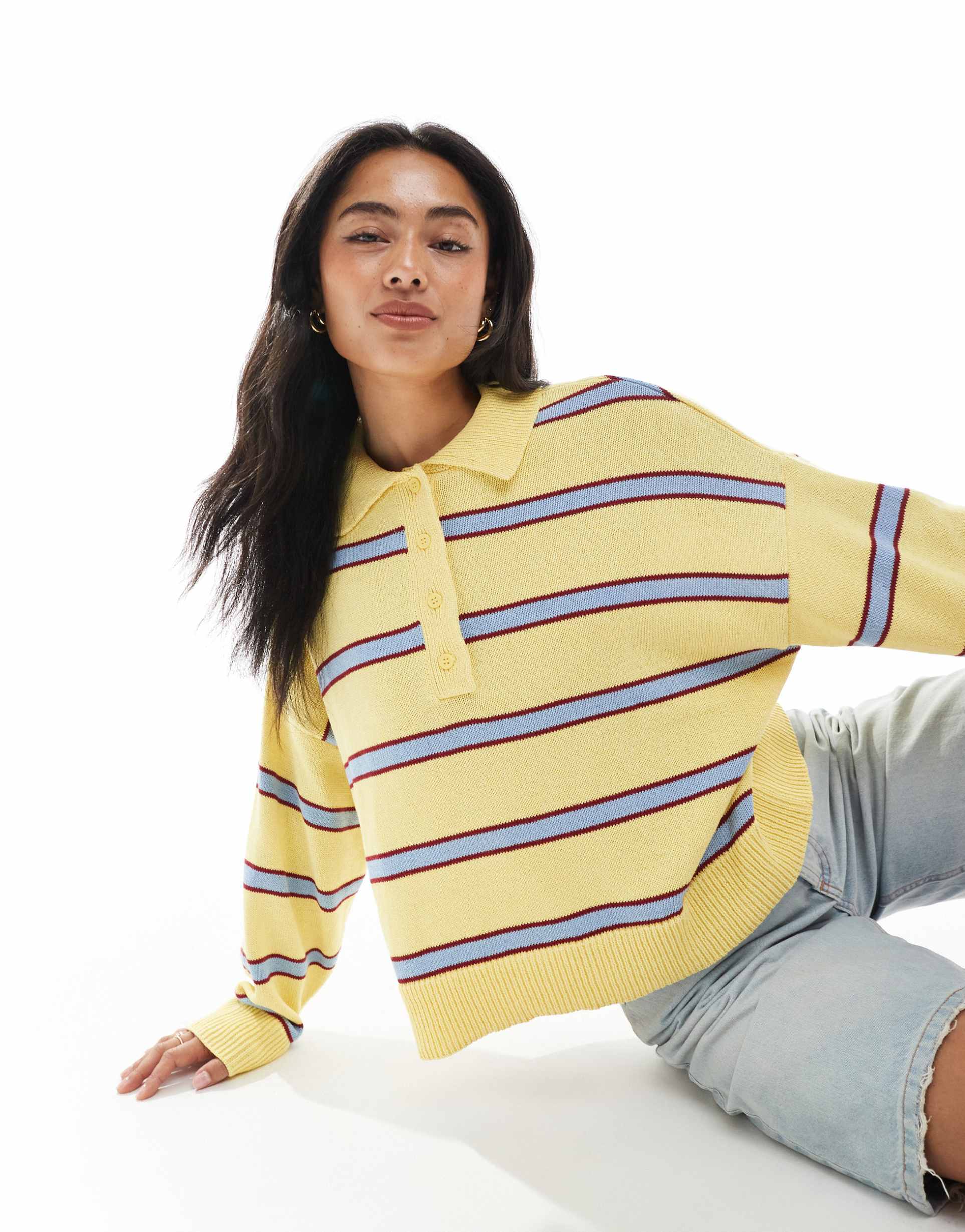 asos design knit polo top in yellow stripe
