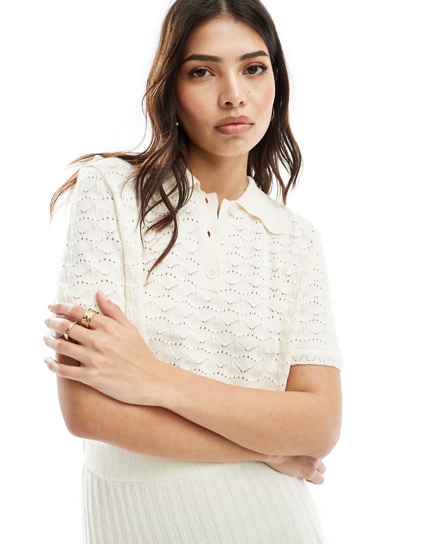 knit polo top with stitch detail in cream-White