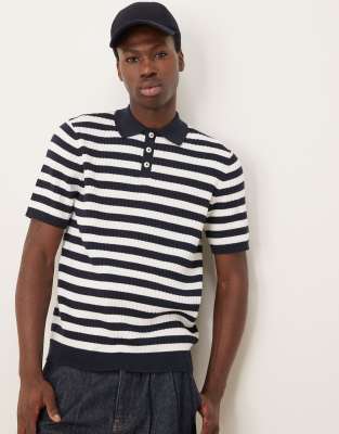 knit polo with stripe pattern in navy and white