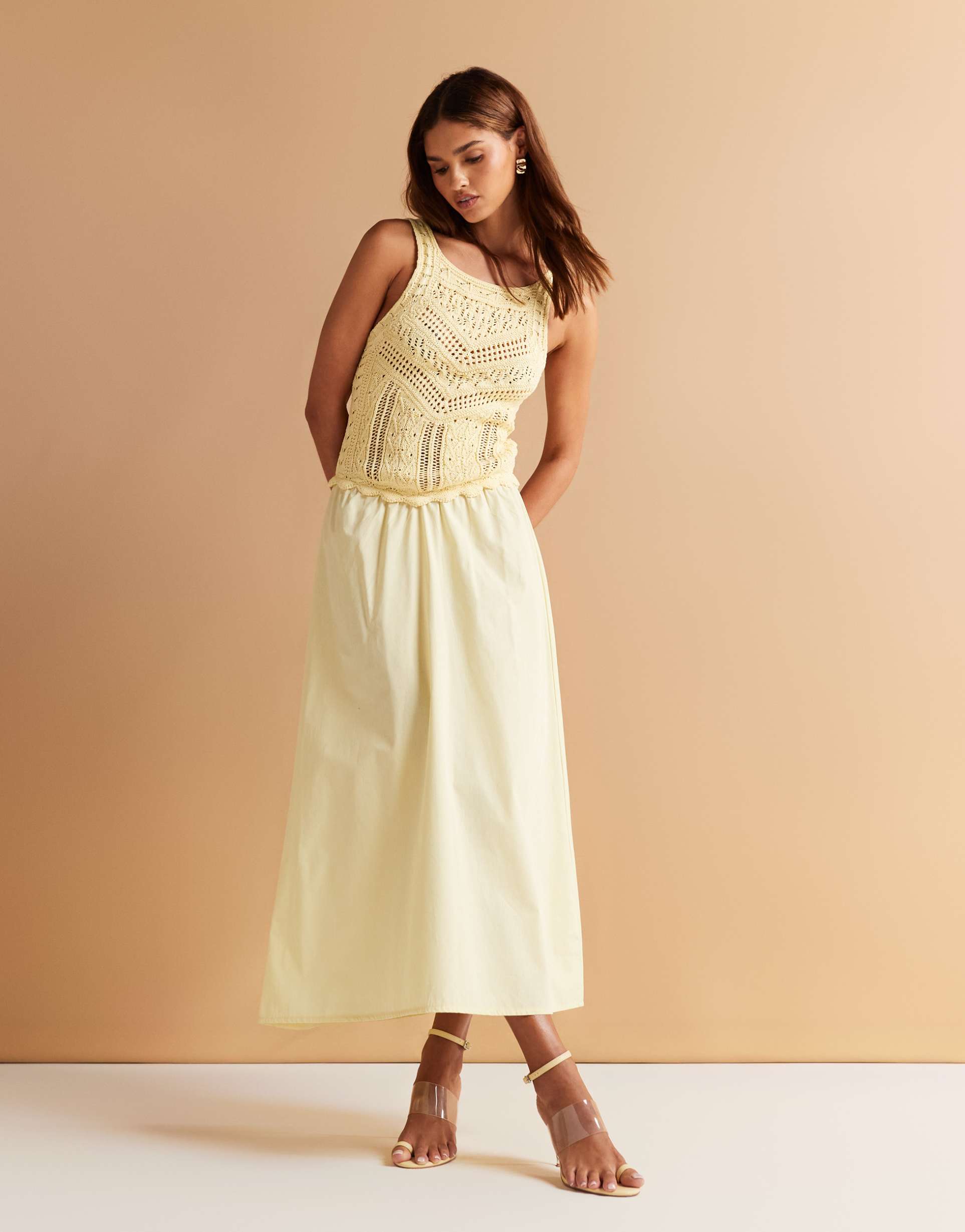 asos design knit poplin mix maxi dress in buttermilk yellow