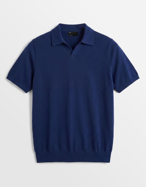 ASOS DESIGN knit pure merino wool notch neck polo shirt in navy, 6 of 7