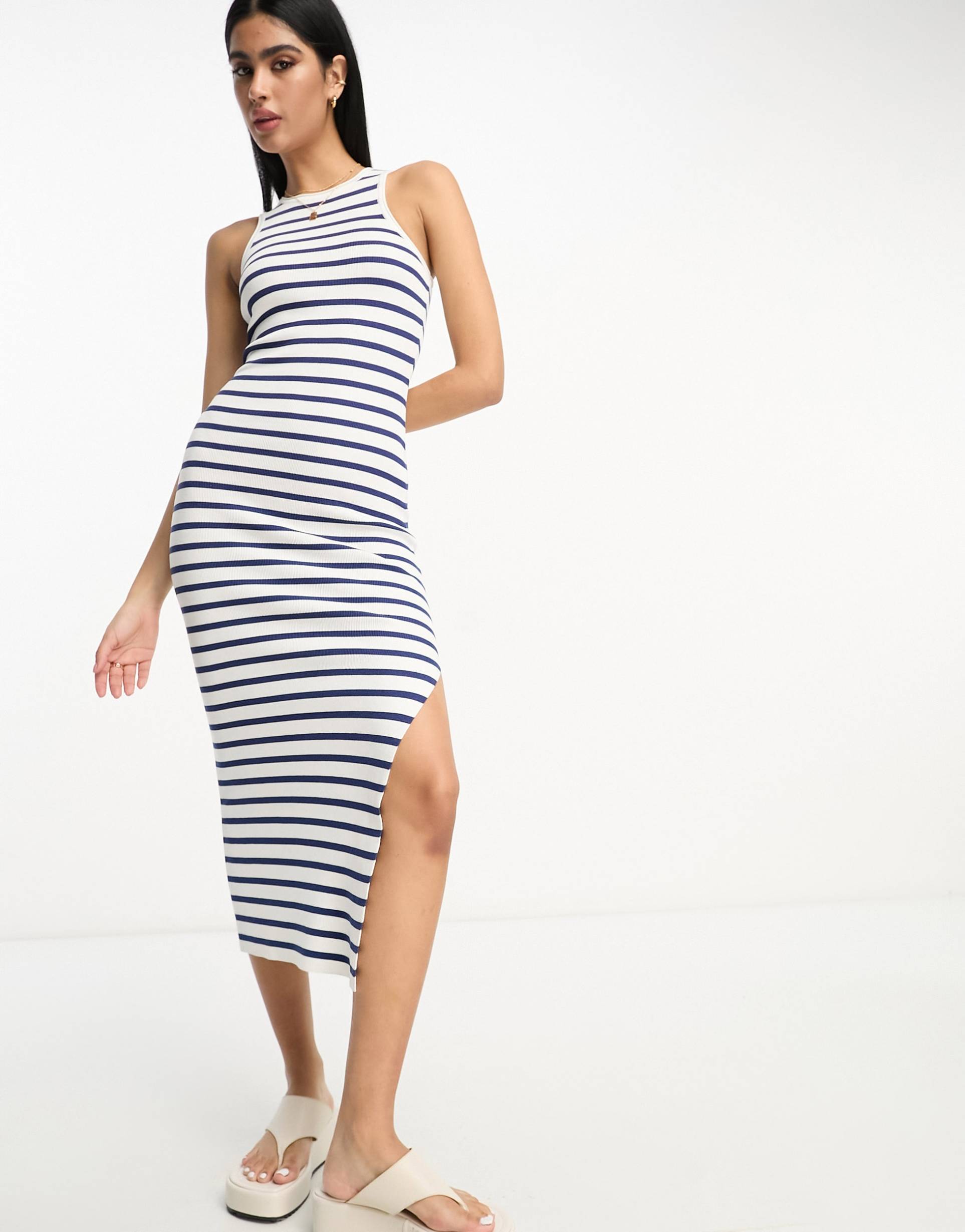 asos design knit racer midi dress in stripe in navy and white
