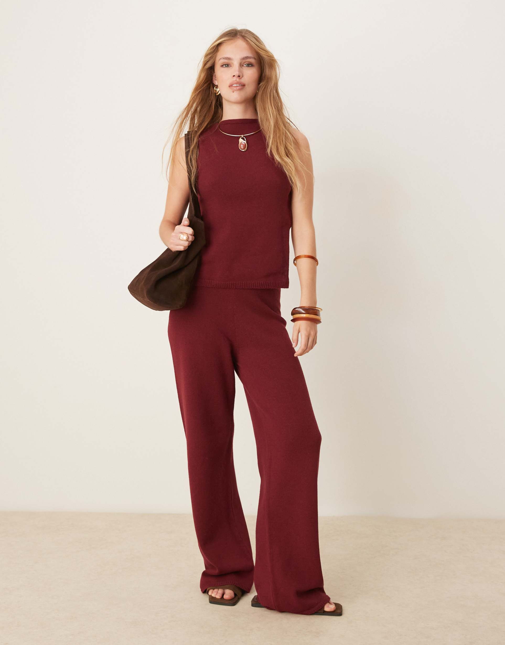 asos design knit racer neck top with angled front panel in burgundy