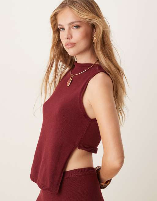 ASOS DESIGN knit racer neck top with angled front panel in burgundy, 2 of 4