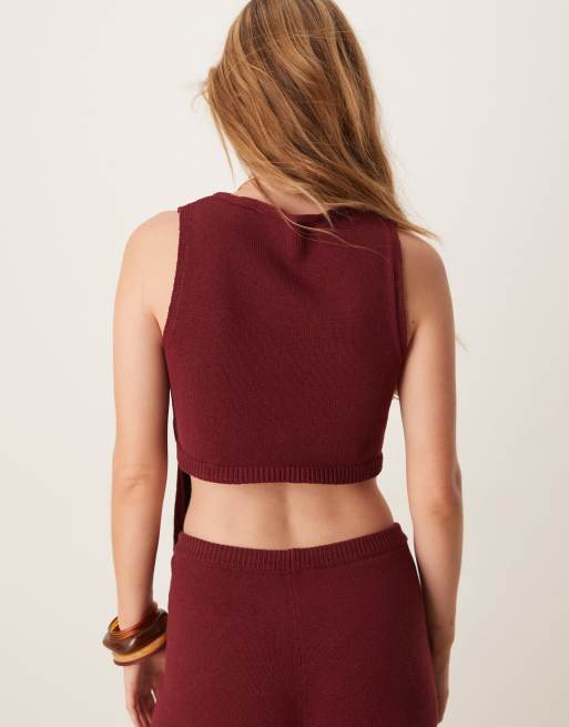ASOS DESIGN knit racer neck top with angled front panel in burgundy, 4 of 4
