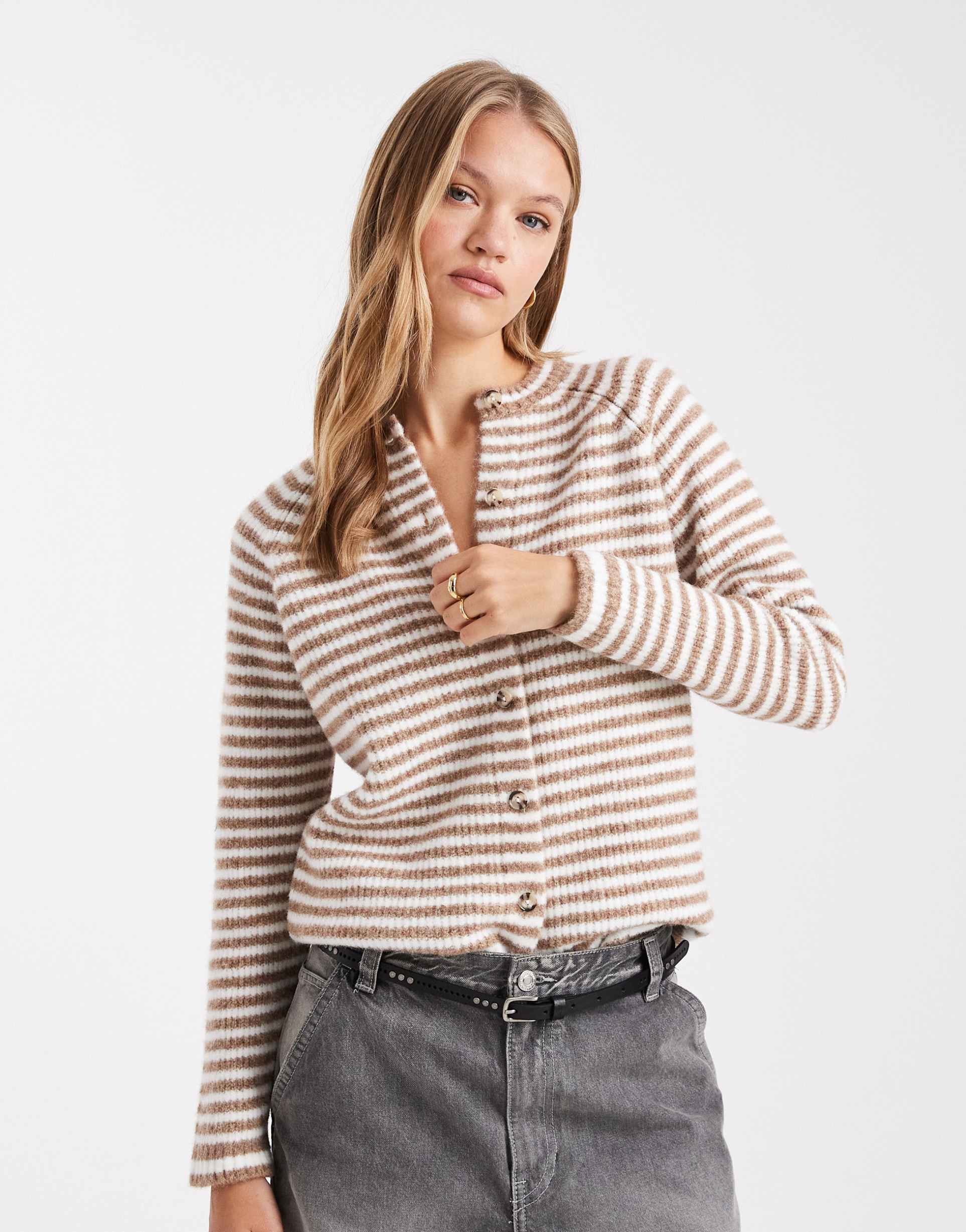 asos design knit raglan cardigan in brown stripes