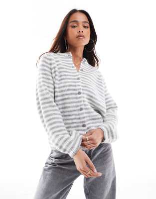 Asos Design Knit Raglan Cardigan In Gray Stripe-multi