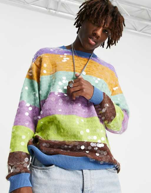 ASOS DESIGN knit rainbow stripe sweater with all-over sequins