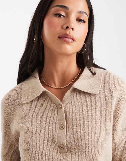 ASOS DESIGN knit relaxed collar henley sweater in oatmeal