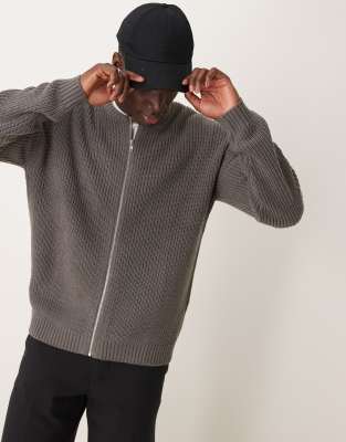 Asos Design Knit Relaxed Fisherman Ribbed Zip Up Bomber Jacket In Gray Heather