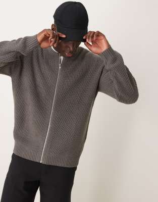 knit relaxed fisherman ribbed zip up bomber jacket in gray heather