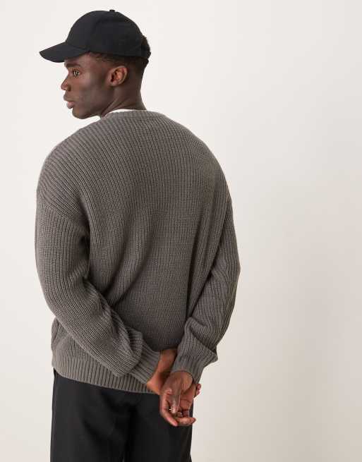 ASOS DESIGN knit relaxed fisherman ribbed zip up bomber jacket in gray heather, 3 of 4
