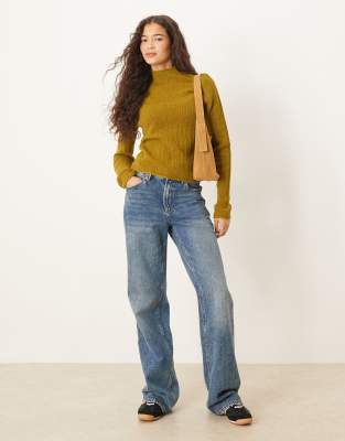 Asos Design Knit Relaxed Funnel Neck Rib Knit Top In Yellow