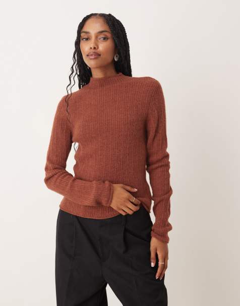 ASOS DESIGN knit relaxed funnel neck top in rib in rust - view 1