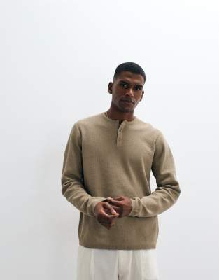 Asos Design Knit Relaxed Long Sleeve Henley In Neutral