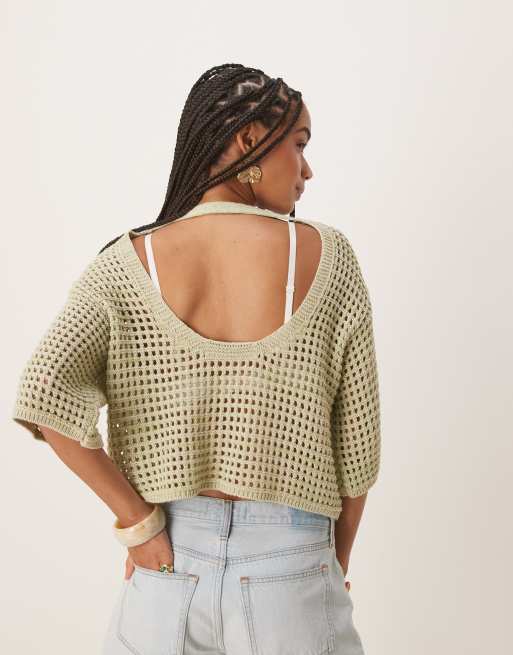 ASOS DESIGN knit relaxed open stitch t-shirt in green