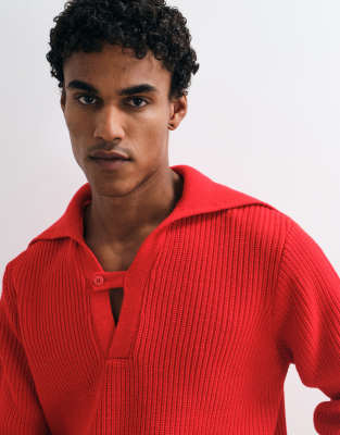 Asos Design Knit Relaxed Polo Shirt With Open Collar Detail-red