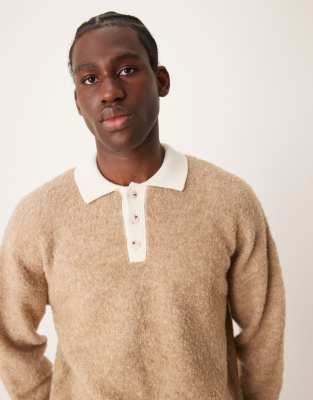 knit relaxed rugby boucle polo in brown-Neutral