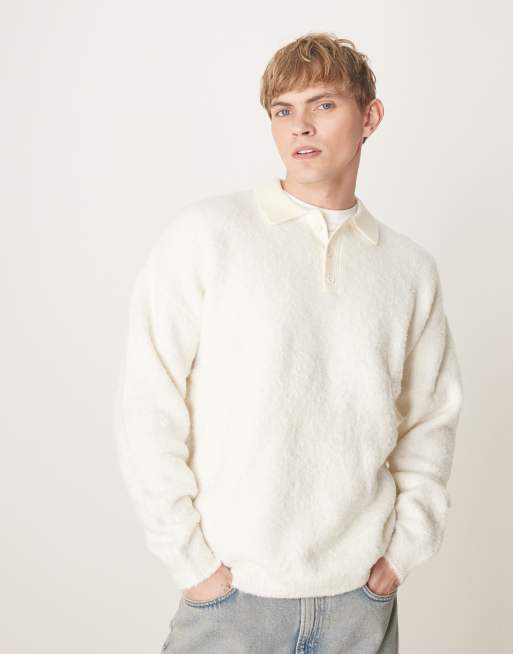 ASOS DESIGN knit relaxed rugby textured polo sweater in ecru