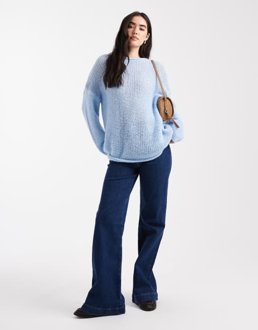 ASOS DESIGN knit relaxed slash neck sweater with rolled edge detail in blue
