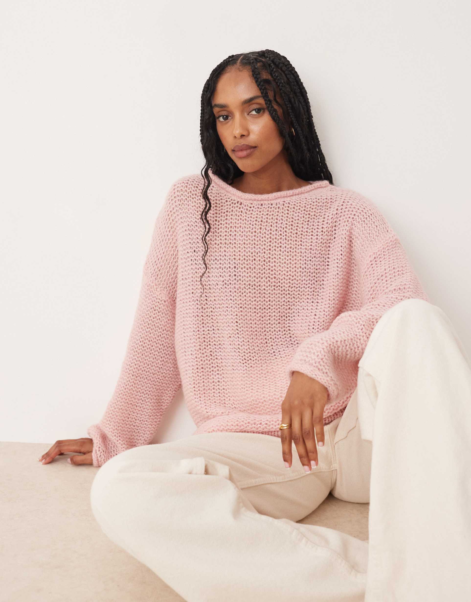 asos design knit relaxed slash neck sweater with rolled edge detail in light pink