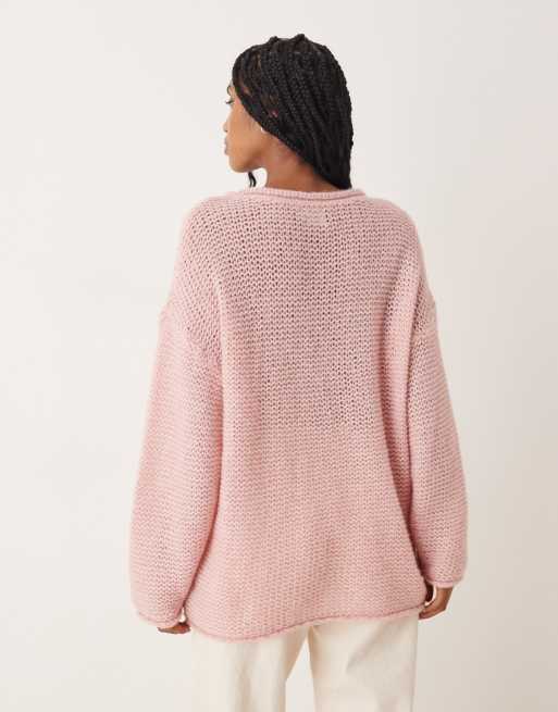 ASOS DESIGN knit relaxed slash neck sweater with rolled edge detail in light pink
