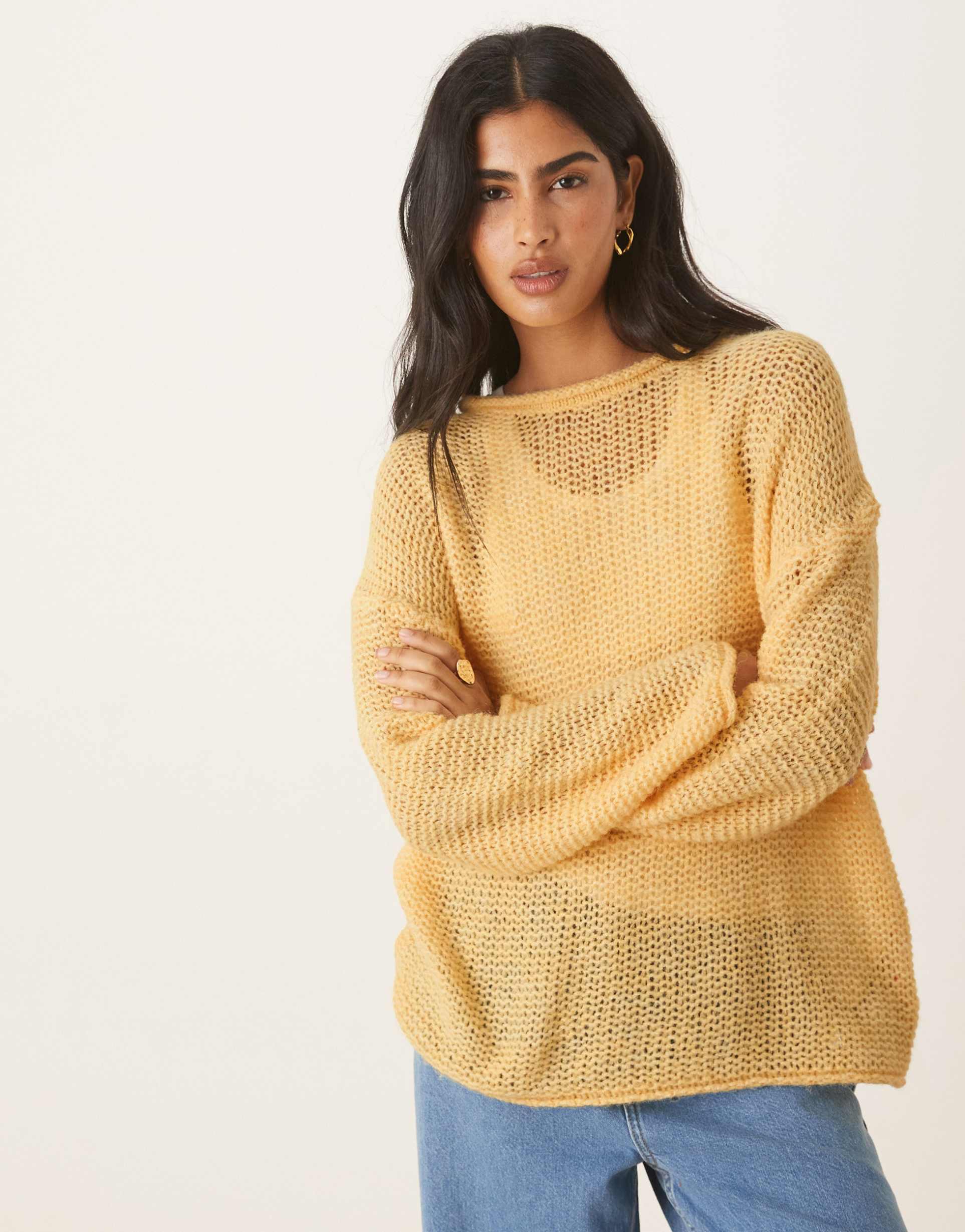 asos design knit relaxed slash neck sweater with rolled edge details in buttermilk