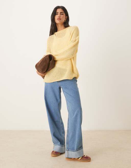 ASOS DESIGN knit relaxed slash neck sweater with rolled edge details in buttermilk