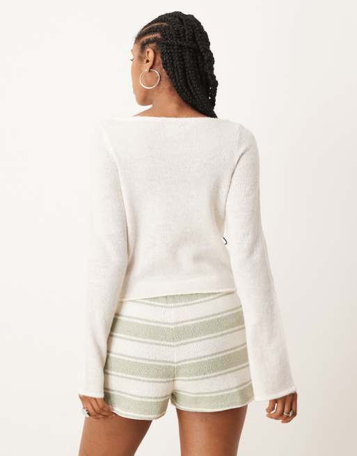 ASOS DESIGN loose knit slash neck top in cream