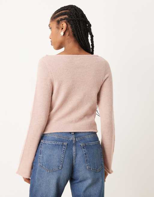 ASOS DESIGN loose knit slash neck top in light pink