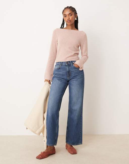 ASOS DESIGN loose knit slash neck top in light pink