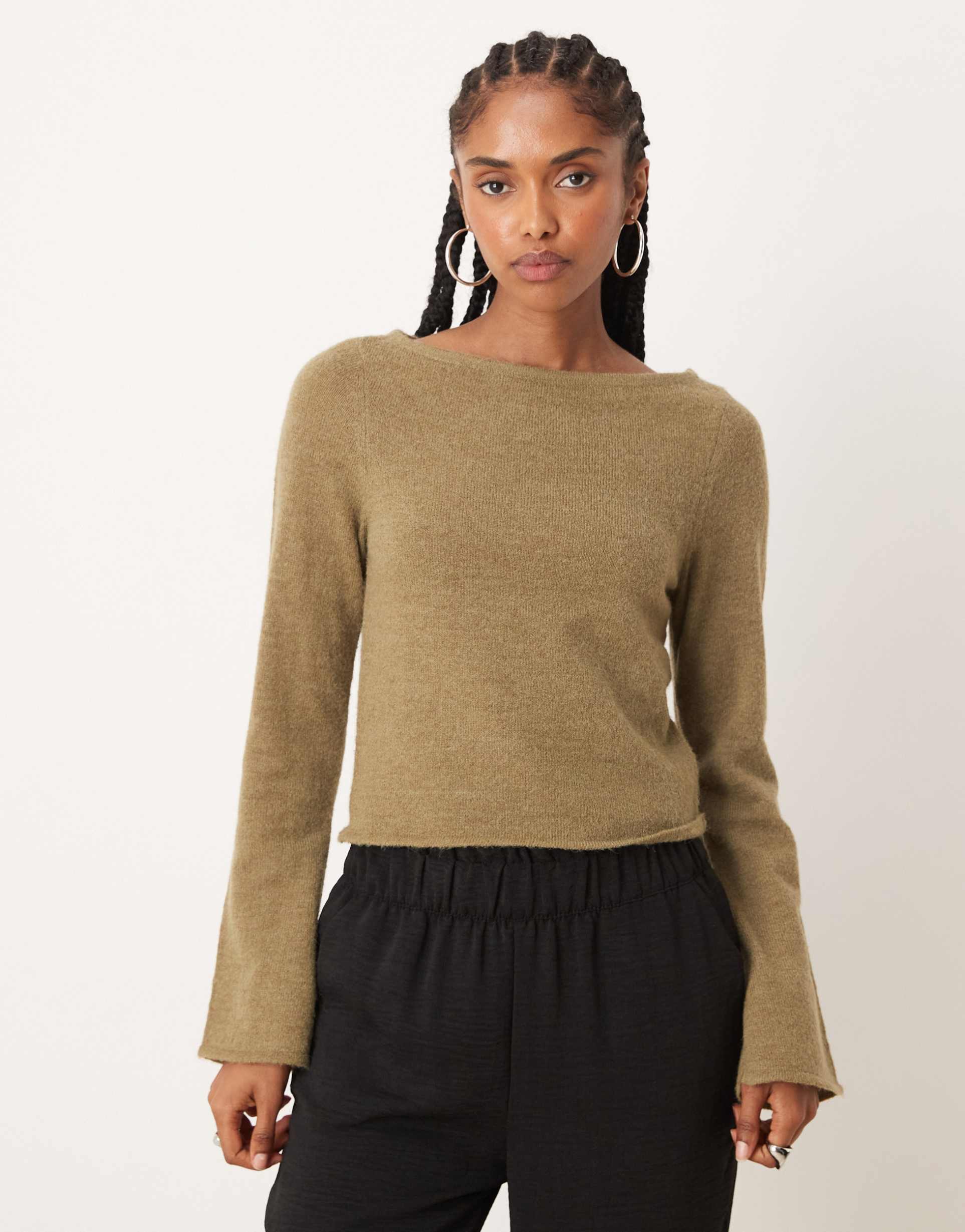 asos design knit relaxed slash neck top in olive
