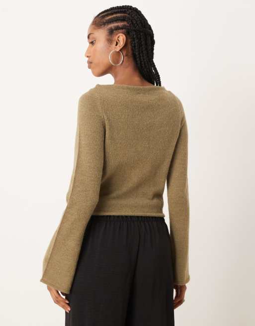 ASOS DESIGN loose knit slash neck top in olive