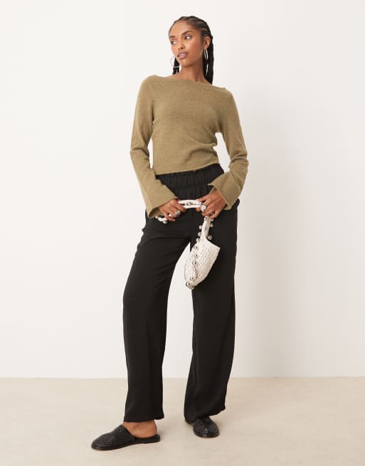 ASOS DESIGN loose knit slash neck top in olive