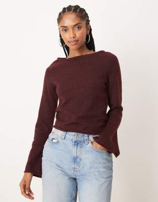 ASOS DESIGN knit relaxed slash neck top in plum-Purple